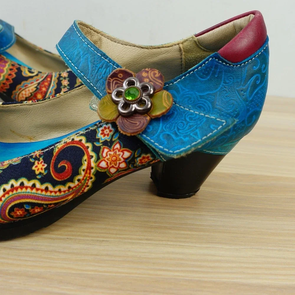 Paisley Mary Jane Pumps Womens 8 Blue Boho Festival Block Heel Artisan SOCOFY 39